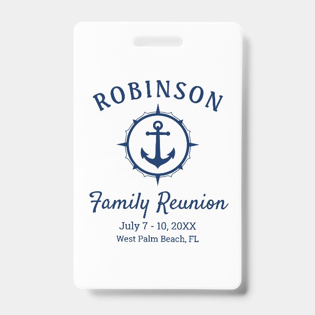Nautical Anchor Family Reunion Navy Blue & White ID Badge (Front)