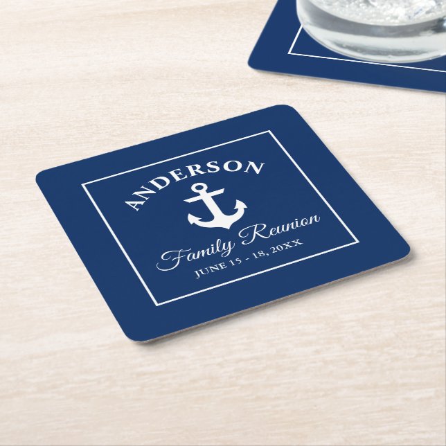 Nautical Anchor Family Reunion Navy Blue White Square Paper Coaster (Angled)