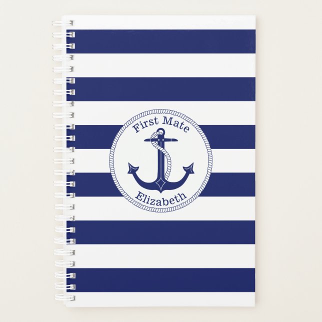 Nautical Anchor First Mate Navy Blue Stripe Planner (Front)