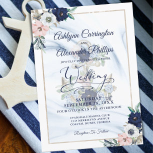 Nautical Anchor Floral Elegant Navy Blue Invitation