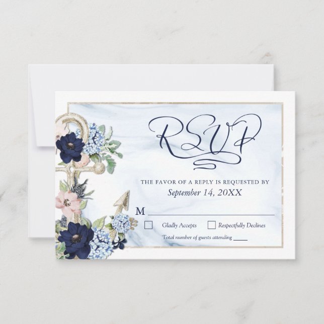 Nautical Anchor Floral Elegant Script Navy Blue RSVP Card (Front)