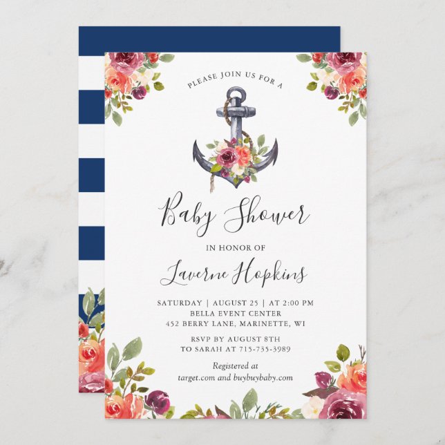 Nautical Anchor Floral Navy Stripes Baby Shower Invitation (Front/Back)
