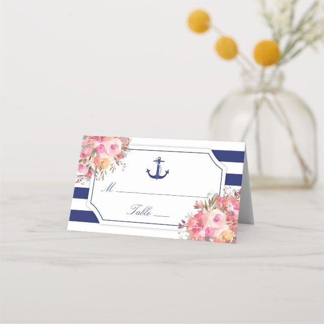 Nautical Anchor Floral Rose Blue Stripe Wedding Place Card (Front)