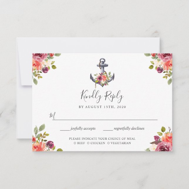 Nautical Anchor Floral RSVP with Meal Choice Card (Front)