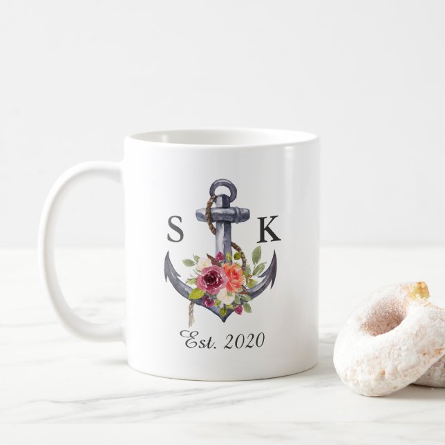 Nautical Anchor Floral Wedding Coffee Mug (With Donut)
