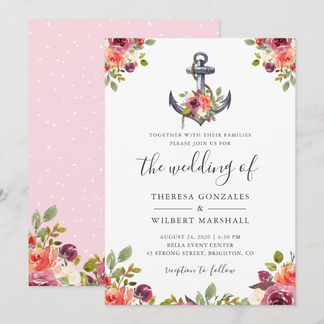 Nautical Anchor Floral Wedding Invitation (Front/Back)