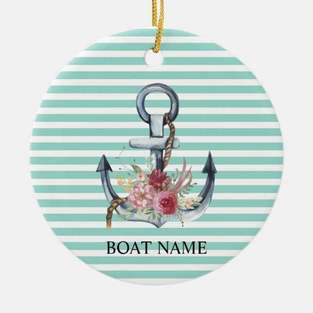 Nautical,Anchor Flowers Mint Green Stripes Ceramic Tree Decoration (Front)