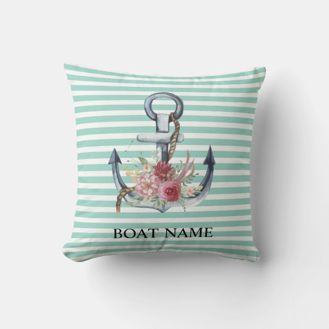 Nautical,Anchor Flowers Mint Green Stripes    Cushion (Front)