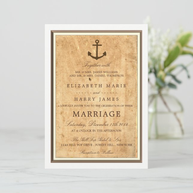 Nautical Anchor Framed Vintage Paper Wedding Invitation (Standing Front)