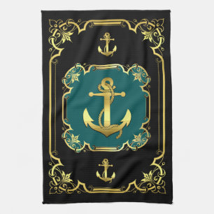 Nautical anchor gilded black/gold/aqua tea towel