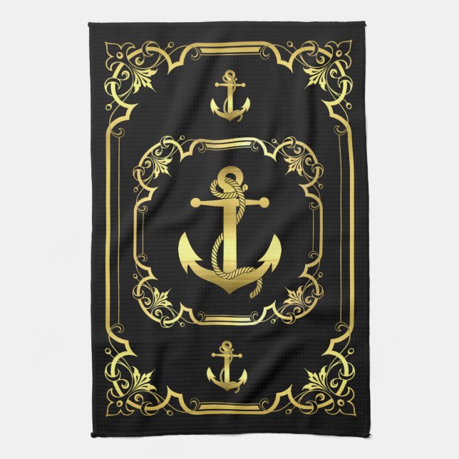 Nautical anchor gilded black/gold/black tea towel (Vertical)