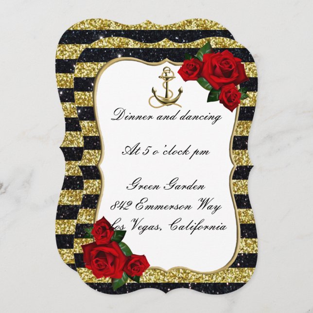 Nautical Anchor Gold Black Stripe WeddingReception Invitation (Front/Back)