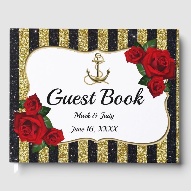 Nautical Anchor Gold Black Stripes Guestbook (Front)