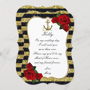 Nautical Anchor Gold Black Stripes Maid Of Honour Invitation
