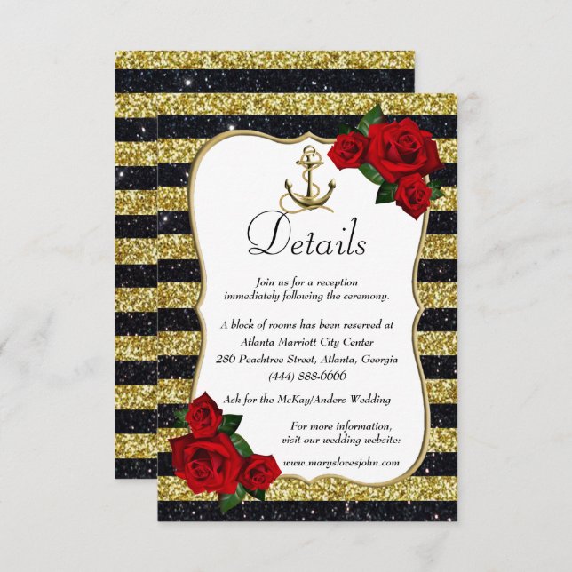 Nautical Anchor Gold Black Stripes Wedding Details Enclosure Card (Front/Back)