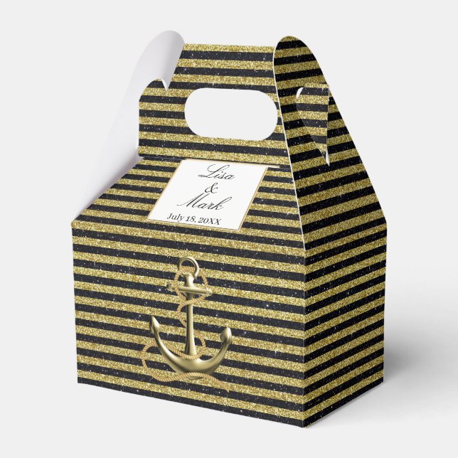 Nautical Anchor Gold Black Stripes Wedding Favour Box (Front Side)