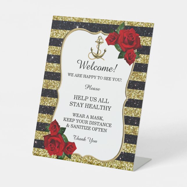 Nautical Anchor Gold Black Stripes Wedding Safety  Pedestal Sign (Front)