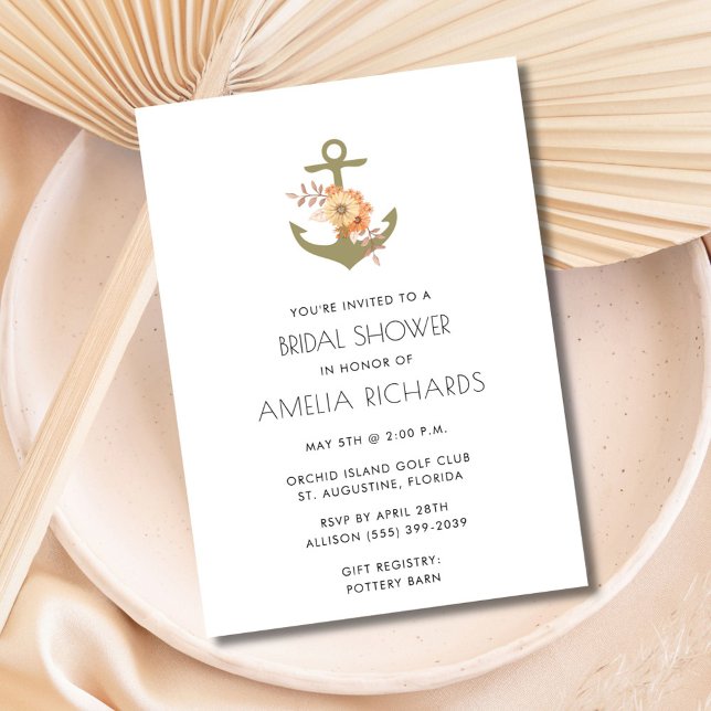 Nautical Anchor Gold Stripe Bridal Shower Invite (Nautical Anchor Gold Stripe Bridal Shower Invite)