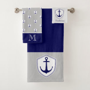 Nautical Anchor Grey Blue Navy Bathroom Bath Towel