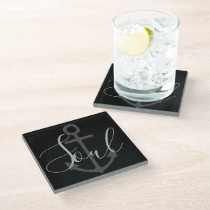 nautical ANCHOR + grey SOUL type on black   Glass Coaster