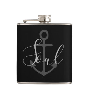 nautical ANCHOR + grey SOUL type on black   Hip Flask