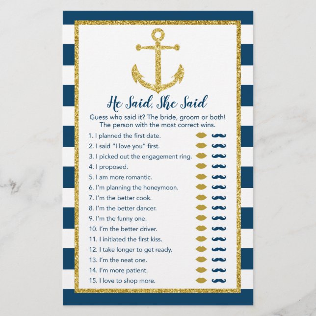 Nautical Anchor He Said She Said Bridal Game (Front)