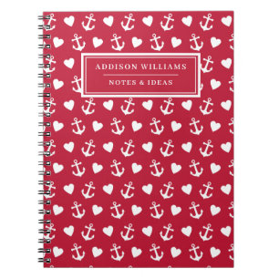Nautical Anchor Heart Pattern Red Name Notebook