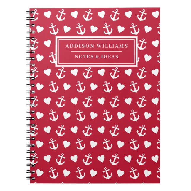 Nautical Anchor Heart Pattern Red Name Notebook (Front)