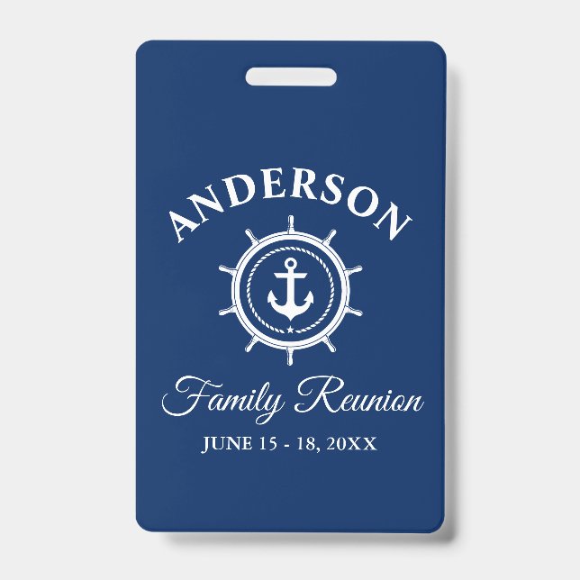 Nautical Anchor Helm Family Reunion Navy Blue ID Badge (Front)