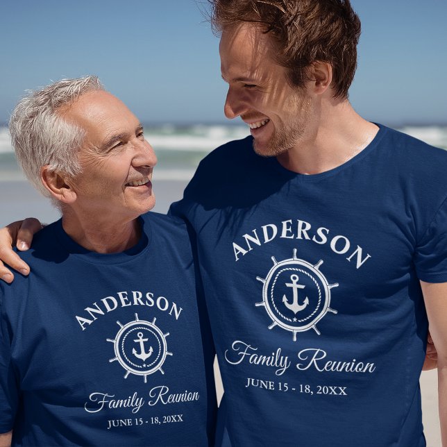 Nautical Anchor Helm Family Reunion Navy Blue T-Shirt (Customize to change text size. Choose from a variety of shirt colors and styles.)