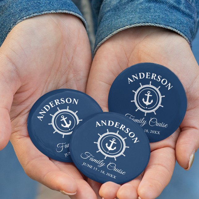 Nautical Anchor Helm Navy Blue Family Cruise 6 Cm Round Badge (Customize to change background color.)