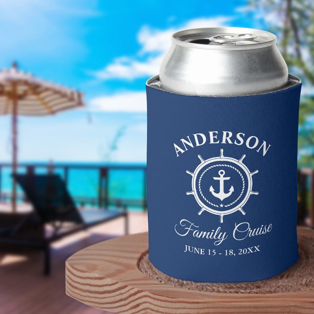 Nautical Anchor Helm Navy Blue Family Cruise Can Cooler (Customize to change background color.)