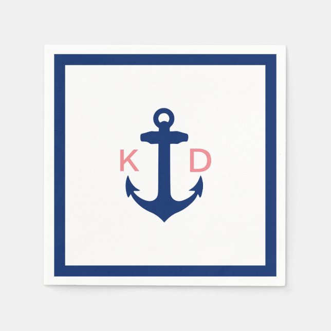 Nautical Anchor Initials Simple Border Wedding Napkin (Front)