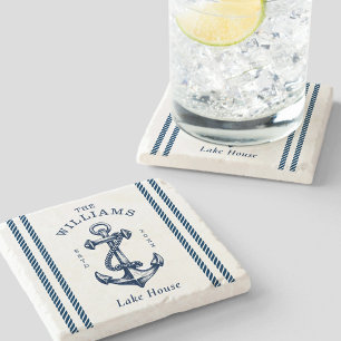 Nautical Anchor Lake House Navy Blue  Stone Coaster