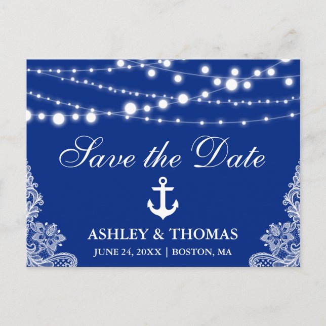 Nautical Anchor Lights & Lace Save the Date Announcement Postcard (Front)