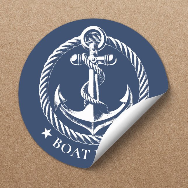 Nautical Anchor Logo Navy Blue Boat Name Classic Round Sticker (Creator Uploaded)
