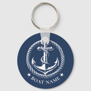 Nautical Anchor Logo Navy Blue Boat Name Key Ring