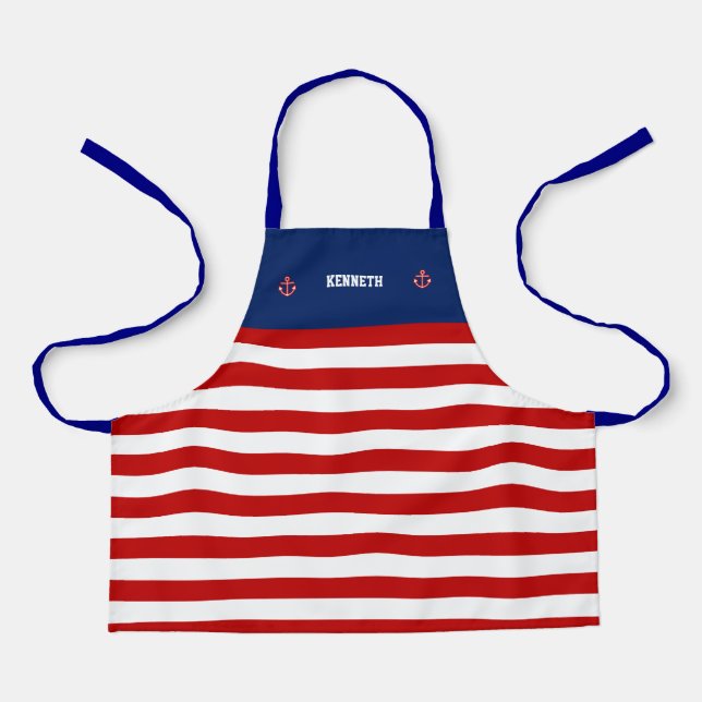 Nautical Anchor Marine Red White Stripes Apron (Front)