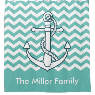 Nautical Anchor Mint Green Chevron Monogram Name Shower Curtain