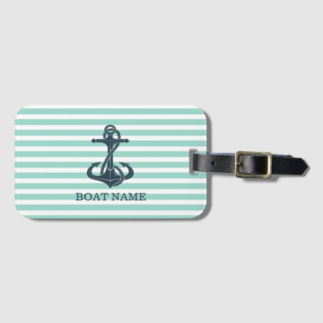 Nautical,Anchor,Mint Green Stripes Luggage Tag (Front Horizontal)