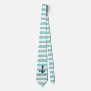 Nautical,Anchor,Mint Green Stripes Tie