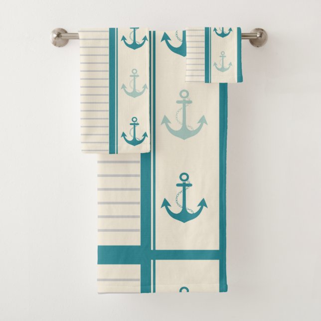 Nautical Anchor Modern Abstract Stripe Bath Towel Set (Insitu)