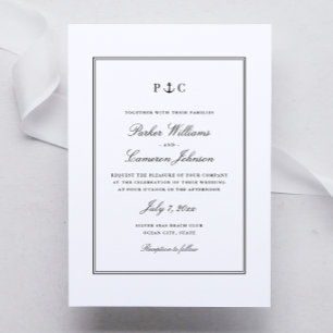 Nautical Anchor Monogram Black and White Wedding Invitation