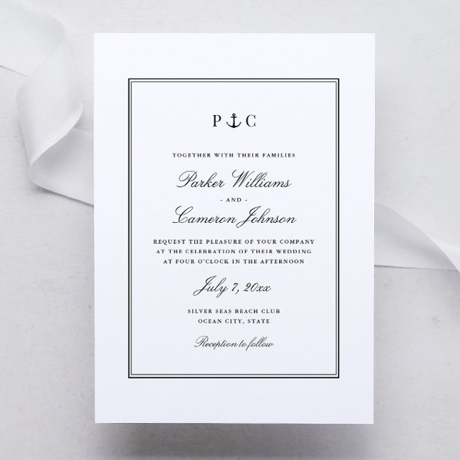 Nautical Anchor Monogram Black and White Wedding Invitation (Nautical Anchor Monogram Wedding Invitation in elegant Black and White by Coastal Map Designs)