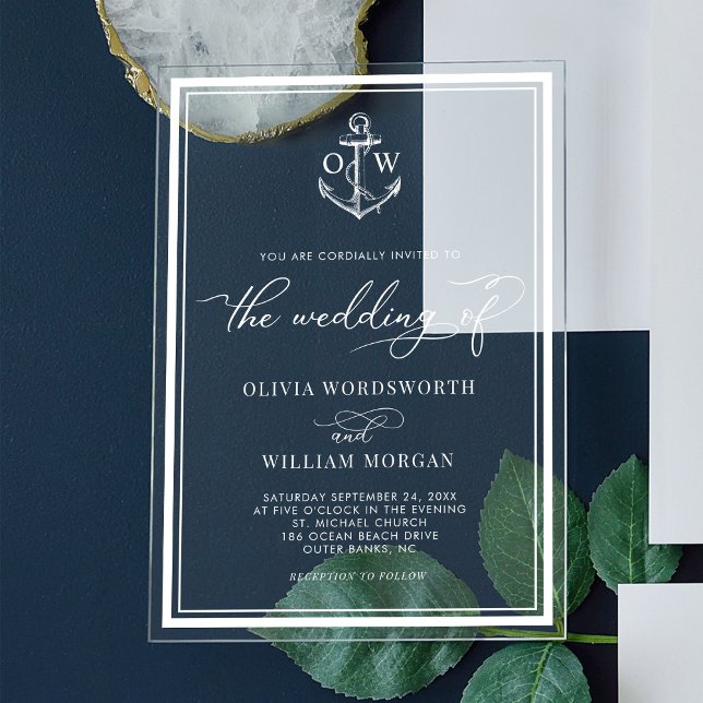 Nautical Anchor Monogram Frame White Wedding Acrylic Invitations (Creator Uploaded)