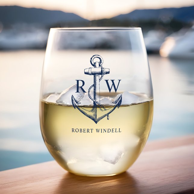 Nautical Anchor Monogram Navy Blue  Stemless Wine Glass (Creator Uploaded)