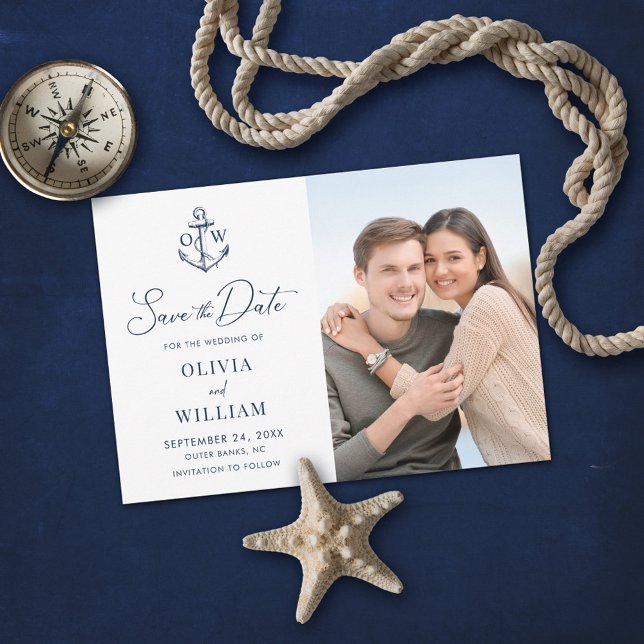 Nautical Anchor Monogram Navy Blue Wedding Photo Save The Date (Creator Uploaded)