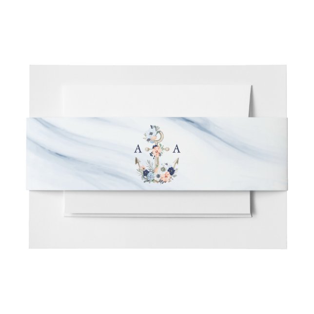 Nautical Anchor Monogram Navy Peach Floral Wedding Invitation Belly Band (Front Example)
