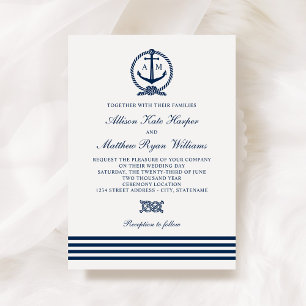 Nautical Anchor Monogram Navy Stripe Wedding Invitation
