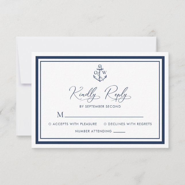 Nautical Anchor Monogram Navy Wedding RSVP Card (Front)